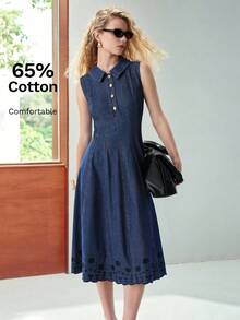 MOTF PREMIUM GAUN WANITA DENIM DENGAN KANCING SETENGAH DAN PLAKET, TANPA LENGAN, DAN MEMPERCANTIK PINGGANG - Medium Wash - View 8