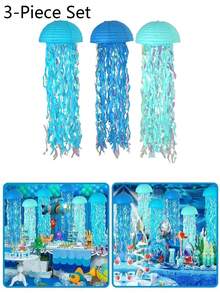 3Pcs Gradient Blue Jellyfish Paper Lanterns, Hanging Ocean Mermaid Themed Decor, Colorful Streamer Ornament For Birthday Wedding Baptism Wall Home Party Decoration - Multicolor - View 7