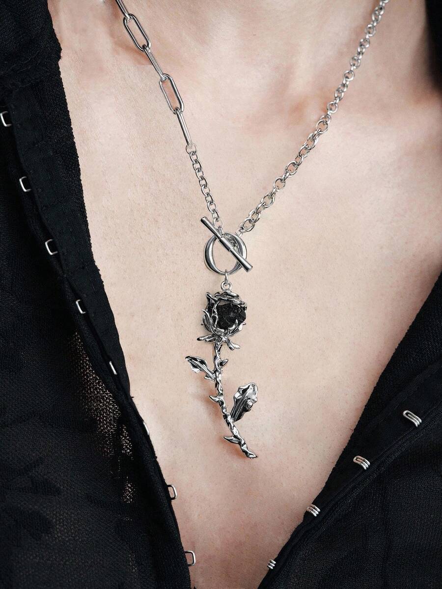 MortiRose Silver Rose Asymmetric Size Stone Pendant Personalized Necklace - Silver - View 1