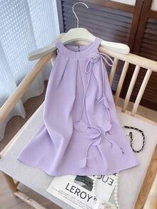 Franclia French-Style Elegant,Lilac Purple Women's Top With Three-Dimensional Floral Ribbon Halter Neck,Sleeveless Flowy Summer Top For Date,Summer Vacation - Mauve Purple - View 3