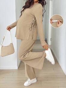 SHEIN 孕婦純色側開衩綁帶上衣與長褲兩件套 秋季 - 卡其色 - 查看 2