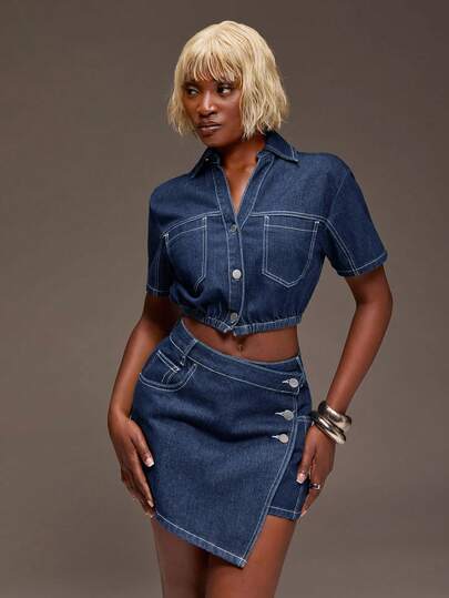 Normani Design-Focused Deep Blue Button Denim Short Sleeve Skirt Two Pieces Set, New Loose High-Waist Outfit