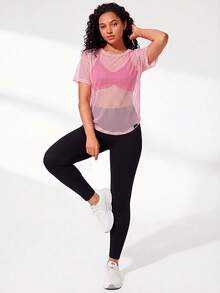SHEIN Sports Women's Solid Color Ruched Halter Neck Bra, Short Sleeve Top And Leggings Casual Sports Set - Multicolor - View 7