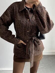 DAZY Women's Lapel Long Sleeve Cinched Waist Leopard Print Open Front Street Casual Denim Jacket And Coat Autumn Everyday Date Shades Of Brown - Brown - View 6