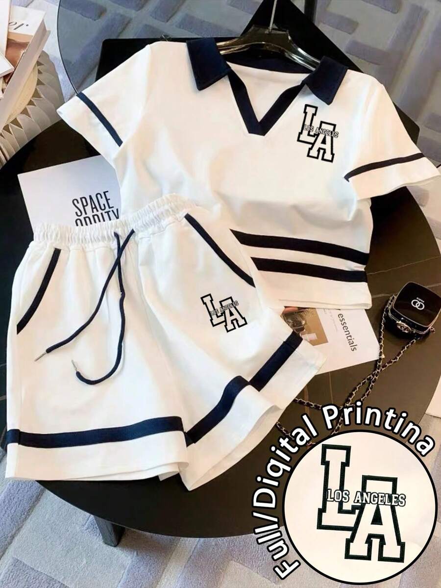 Franclia Conjunto de top de manga corta con cuello polo ajustado y pantalones cortos casuales - Blanco - Ver 1