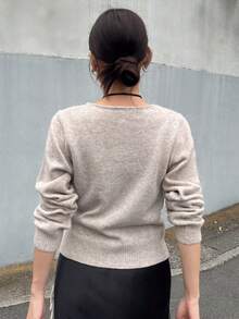 FRIFUL Women's Korean Autumn Outfit Solid Color Tie-Up Bow Knot Sweater - Apricot - View 7