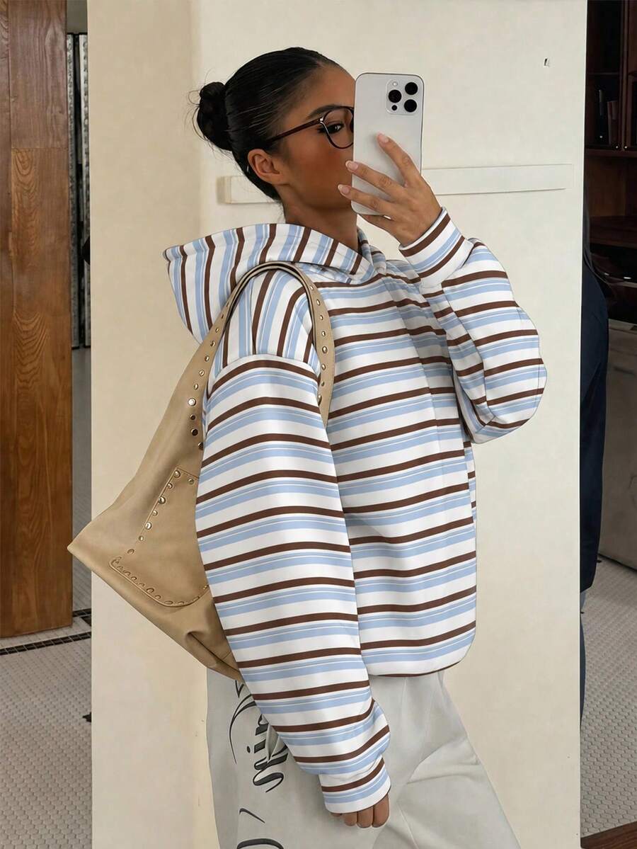 青少年女孩條紋長袖寬鬆休閒衛衣 - 彩色 - 查看 1