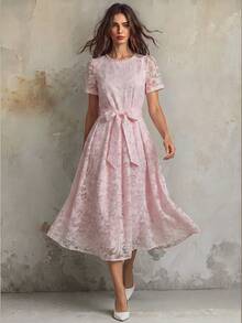 SHEIN LUNE 2026新款优雅连衣裙，褶皱腰身花卉提花连衣裙，荷叶边领口，舒适内衬，适合通勤、度假、晚宴等场合。春夏新款粉色花卉连衣裙，女士粉色连衣裙，粉色茶会连衣裙，串珠领口连衣裙。 - 粉色 - 查看 3