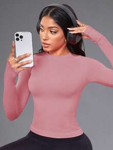 SHEIN Sports 女款多功能無縫長袖拇指孔運動T恤 - 粉色 - 查看 3