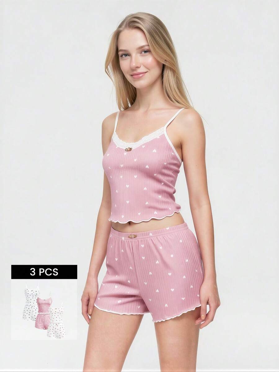 Bonmuse 3pcs/Set Conjunto de pijama para mujer de color liso con estampado de corazón y volantes, transpirable para el verano - Multicolor - Ver 1