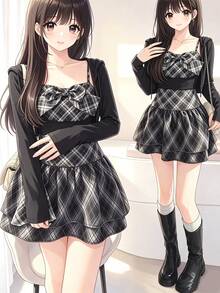 FRIFUL Women's Plaid Pleated Spaghetti Strap Dress And Solid Color Drawstring Hooded Long Sleeve Top Casual Daily 2 Pieces Set School Cute Tops - Black - View 1