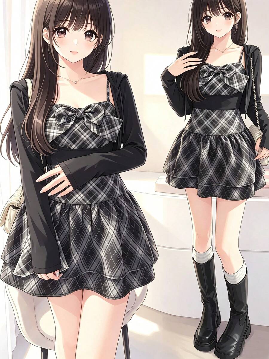 FRIFUL Women's Plaid Pleated Spaghetti Strap Dress And Solid Color Drawstring Hooded Long Sleeve Top Casual Daily 2 Pieces Set School Cute Tops - Black - View 1