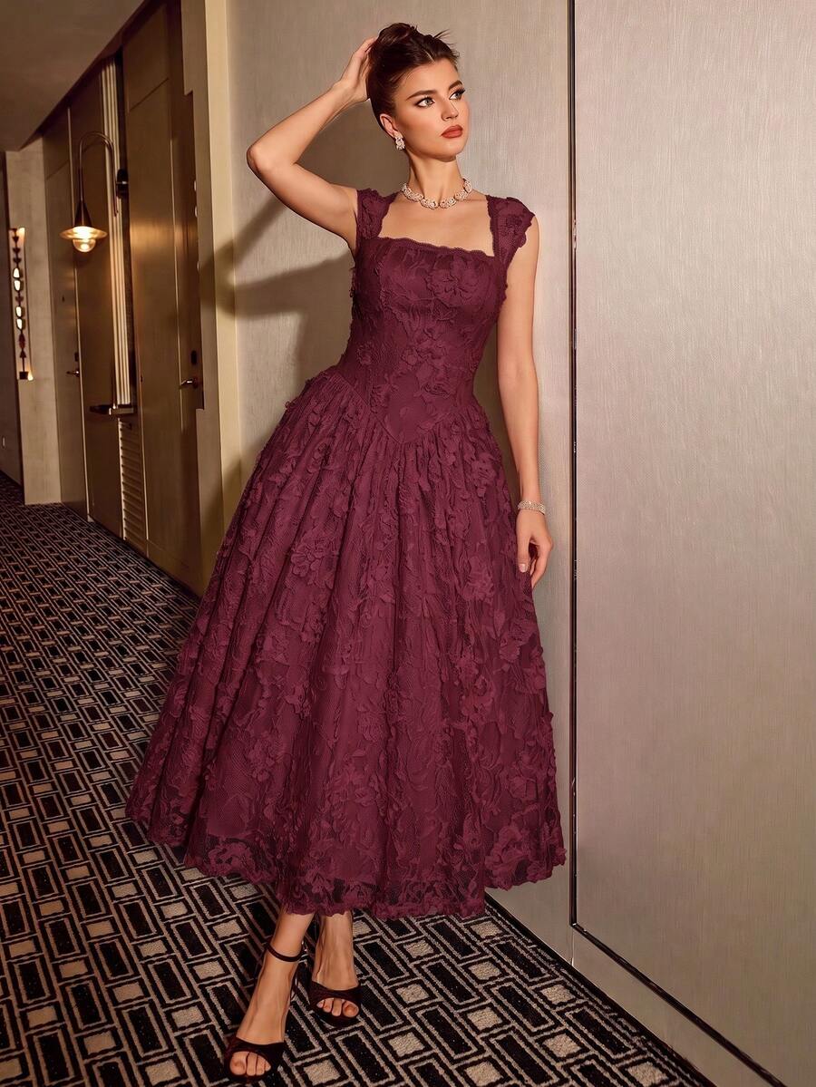 Poshira Women's Jacquard Elegant Waist-Cinching Ball Gown Dress - Burgundy - View 1
