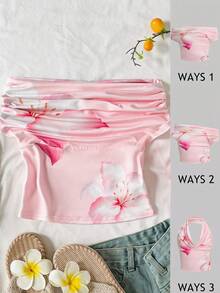 SHEIN Tween女孩三種穿法休閒熱帶海灘度假花卉印花修身上衣，夏季百搭，高領露肩設計，優雅時尚，適合假期、鄉村風、海灘度假、下午茶等場合，優雅風格，可作為舞衣或可愛上衣穿著。KIDS - 粉色 - 查看 7