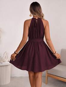 Wandoria Women's Spring/Summer French Elegant Luxury Minimalist High-End Design Casual Bohemian Vacation Office Commute Old Money Style Comfortable Solid Color Faux Linen Fabric Ruched Neckline Beaded Decoration Elastic Waist Self-Fabric Belt Cinched Waist A-Line Spaghetti Strap Tie Strap Pocket Short Dress - Burgundy - View 2