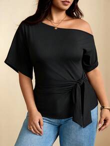 Edennvi Camiseta de talla grande de unicolor minimalista con hombro asimétrico, lazo y fruncido para uso diario - Negro - Ver 4