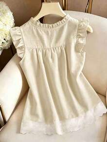 GlowEve Casual Cute Lace Patchwork Hem & Flutter Sleeve Solid Color Blouse For Women, Blue - Khaki - View 2