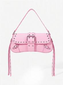 Viva Strut Ladies Rivet Tassels Shoulder Bag, Hobo Bag, Pink, Faux Leather, Fashionable, Personalized, Simple, Versatile, Street, Sweet And Cool Girls, Hot Girls, Y2k, Retro, Rivets, Vintage, Punk, For Commute, Office, Date, Daily, Shopping, School, College - Pink - View 2