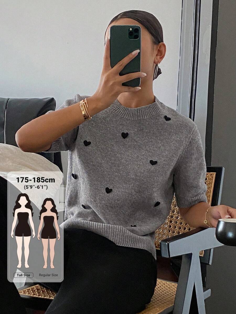Livesso Tall Women's Round Neck Short Sleeve Heart Decor Pullover Sweater Autumn Date Holiday Gray Casual Romantic - Grey - View 1
