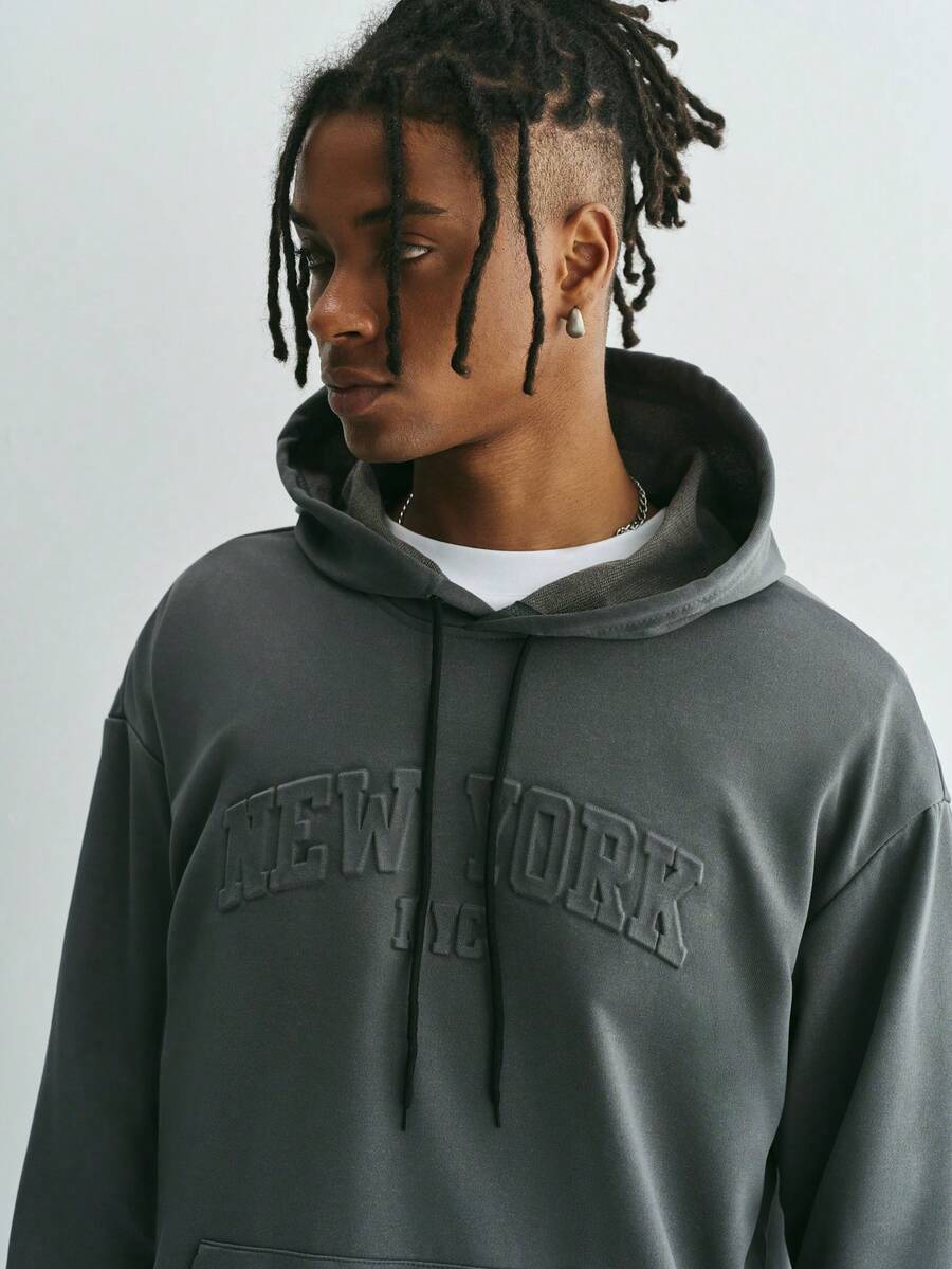 Sonviro Men's Letter Embossed Simple Daily Hooded Long Sleeve Sweatshirt, Going Out, Street Wear, New York - Dark Grey - View 1