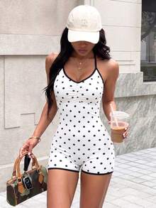 SHEIN Sports Ruched Halter Polka Dot Sports Bodysuit Contrast Trim Romper For Fitness Cycling Gym Workout - Multicolor - View 5