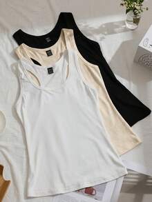 SHEIN EZwear 3件組女款賽車背心運動背心瑜伽上衣 無袖運動休閒寬肩帶 夏季日常度假居家服 黑色 米色 白色 - 彩色 - 查看 1