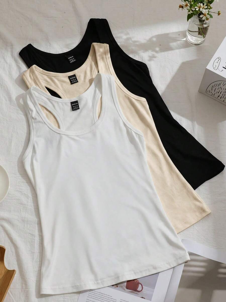 SHEIN EZwear 3件組女款賽車背心運動背心瑜伽上衣 無袖運動休閒寬肩帶 夏季日常度假居家服 黑色 米色 白色 - 彩色 - 查看 1