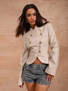 Opulessa Women's Fashion Elegant Double-Breasted Long Sleeve Jacket For Daily Wear - Apricot - View 4