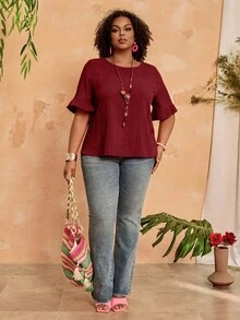 BrightlyHer Blusa de mangas cortas con volantes en el bajo, de talla grande, de estilo sencillo y de moda casual para uso diario y vacaciones, para mujer, primavera/verano - Burdeos - Ver 6