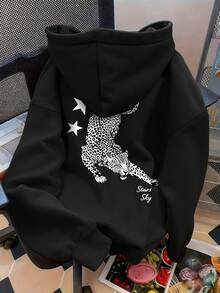 Resyla Men Men's Black And White Leopard Print Leopard Star Print Hooded Sweatshirt, Dark Street Holiday Beachwear Heavyweight Fleece Loose Graphic Autumn - Black - View 2