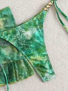 Swim SXY 女款夏季海灘全印花掛脖綁帶性感比基尼三角褲兩件式泳衣套裝附迷你裙 - 彩色 - 查看 4