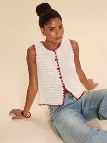 Travachic Women's Floral Bud Trim Single-Breasted Knit Vest Brunch Vacation Red And White Stripe Summer Boho Casual - White - View 7