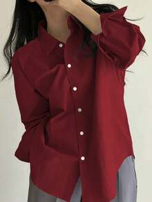 DAZY Women's Casual Solid Color Drop Shoulder Long Sleeve Business Blouse,Long Sleeve Tops,Fall Clothes - Burgundy - View 2