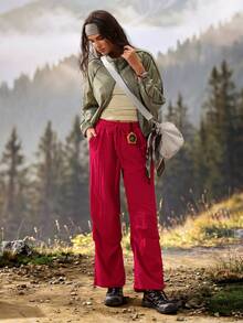 Exploreva Exploreva Women's Drawstring Waist Cuffed Outdoor Long Pants - Red - View 3