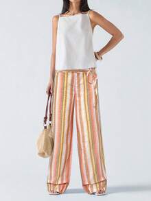 SHEIN Tall CURVE CURVE 大尺碼女款條紋高腰寬腿寬鬆休閒長褲，適合高個子，夏季波希米亞風海灘度假優雅長褲 - 彩色 - 查看 5