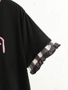 SHEIN 兒童青少年女孩休閒居家蝴蝶結印花寬鬆拼接荷葉邊下擺格紋愛心印花睡袍洋裝黑色甜美可愛卡通貓印花 - 黑色 - 查看 6