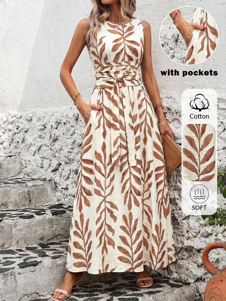 SHEIN Clasi Women's Vacation Casual Boho Plant Print Sleeveless Dress Beach Beige Summer - Apricot - View 1