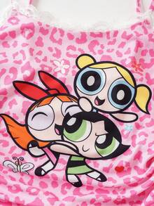THE POWERPUFF GIRLS X SHEIN 女款蕾絲拼接卡通印花細肩帶上衣與短褲睡衣套裝 - 粉色 - 查看 5