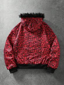 ROMWE MEN Street Life 男士豹紋數位貼布繡毛絨連帽衛衣 - 紅色 - 查看 2