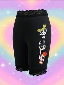 THE POWERPUFF GIRLS X SHEIN Women's Cartoon Print Waist Splicing Lace Trim Shorts - Black - View 1