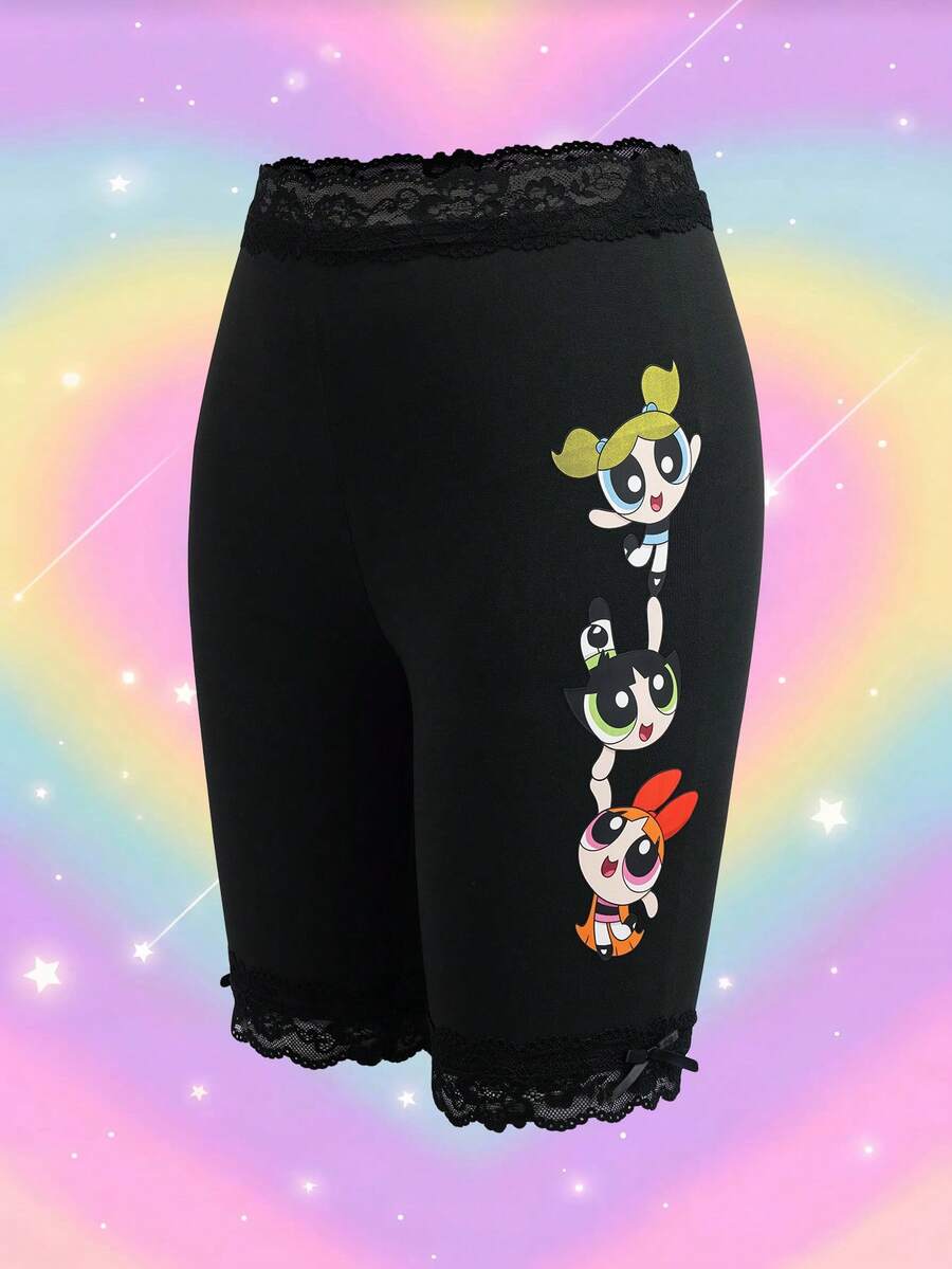 THE POWERPUFF GIRLS X SHEIN Women's Cartoon Print Waist Splicing Lace Trim Shorts - Black - View 1