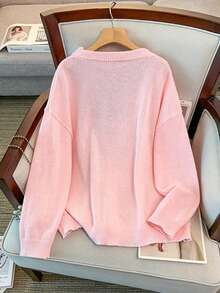 GlowEve CURVE Plus Size Elegant 3D Floral Crochet Drop Shoulder Long Sleeve Cardigan Winter - Pink - View 2