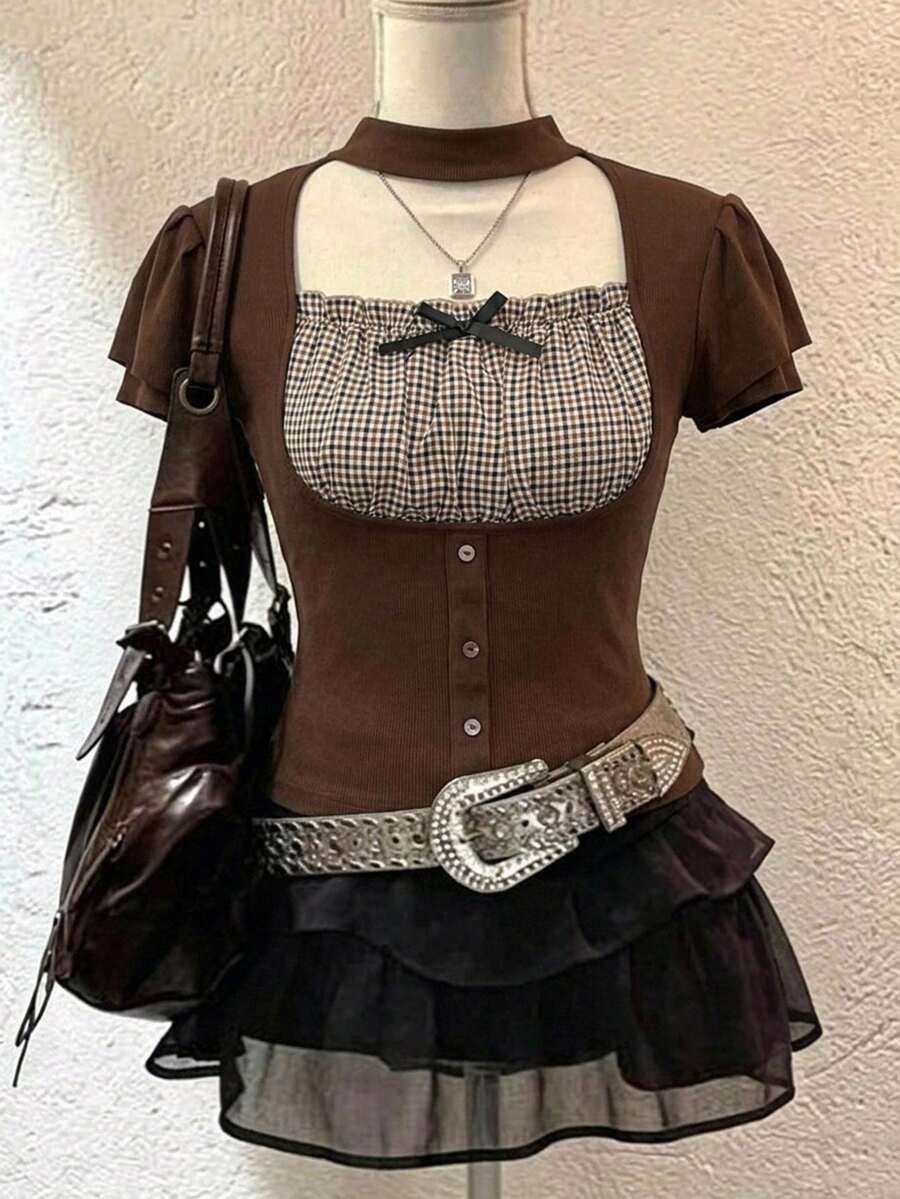 FRIFUL 女款掛脖格紋布料拼接泡泡短袖收腰鈕扣裝飾甜辣風夏季T恤 - 鏽棕色 - 查看 1
