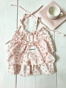 防掉毛花卉荷葉邊分層公主貓咪洋裝,春夏細肩帶洋裝,適合布偶貓與金漸層小貓 - 粉色 - 查看 13