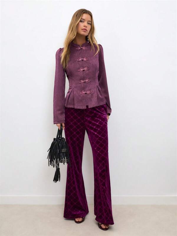 Nöista High-Waist Velvet Trousers With Geometric Jacquard Pattern. Fall, Party And Evening Style.