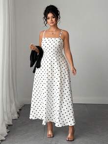 SHEIN Elenzya Plus Size 2pcs Polka Dot Spaghetti Strap Long Cinched Cinched Waist Set - Black - View 3