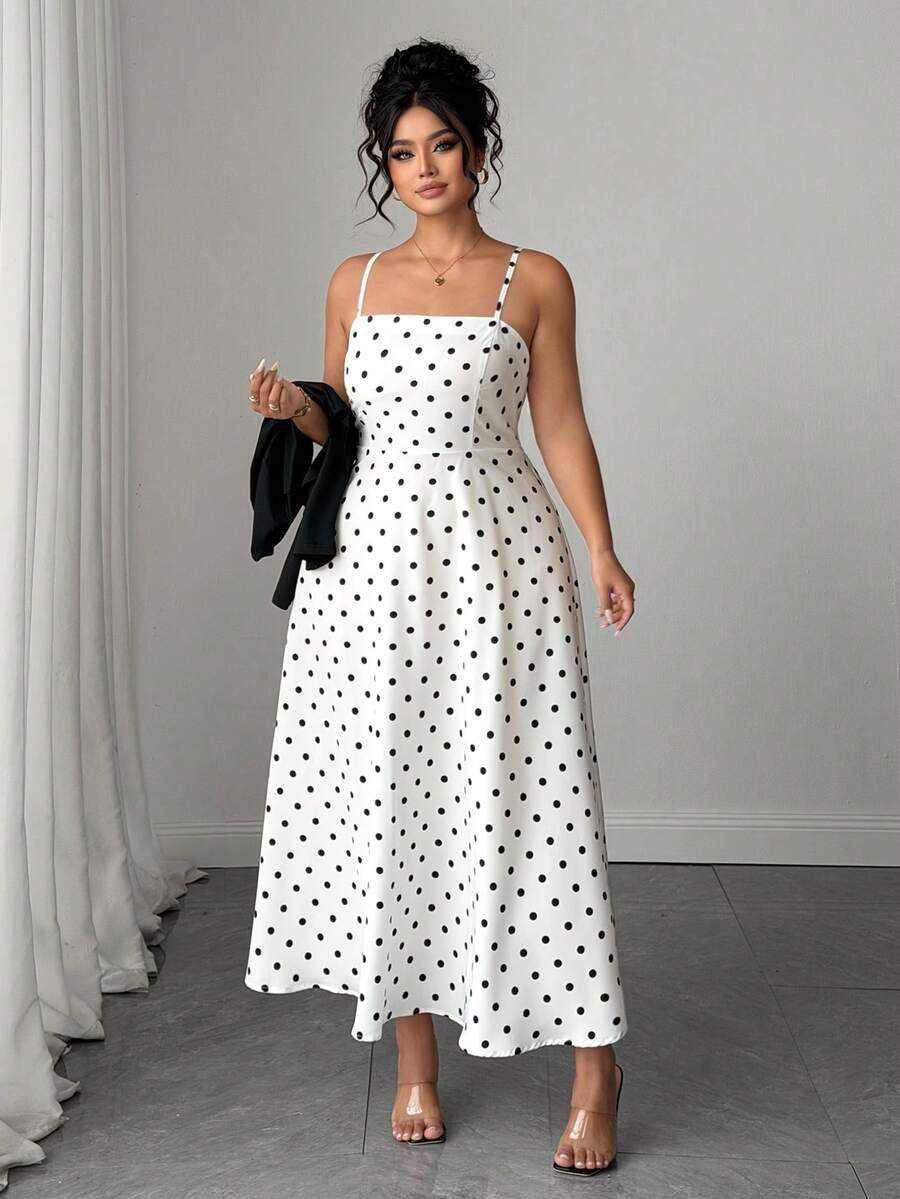 SHEIN Elenzya Plus Size 2pcs Polka Dot Spaghetti Strap Long Cinched Cinched Waist Set - Black - View 1