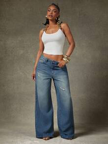 Denimoi Women's Casual Washed Distressed Wide Leg Jeans - Light Wash - View 3