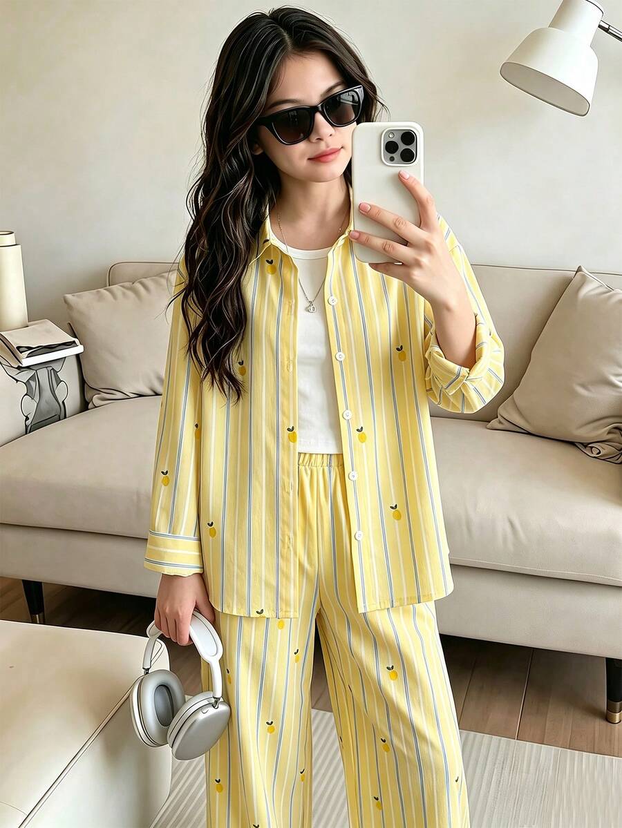 SHEIN Elladie kids 女童大童黃色條紋檸檬印花襯衫套裝，寬鬆休閒慵懶風，翻領，印花圖案，鬆緊腰寬腿直筒褲，2件套，適合日常休閒、通勤、優雅時尚、度假旅行 - 黃色 - 查看 1