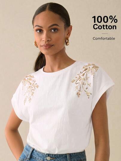 Lilora Women's Premium Elegant Beaded Pure Cotton T-Shirt, High-End Fashion Versatile Elegant T-Shirt, Suitable For Commuting, Daily Casual, Outings, Gatherings, Dates, Parties, Leisure, Excursions, Holidays, Autumn, Winter, Holiday Travel